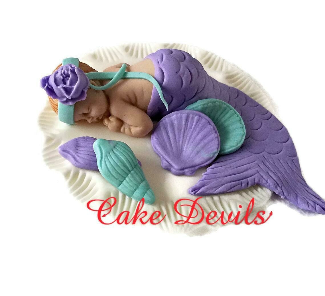 Fondant Mermaid Baby Shower Cake Topper, Baby girl, sleeping baby, Mermaid Baby Cake Decoration, Baptism, Christening, Handmade Edible