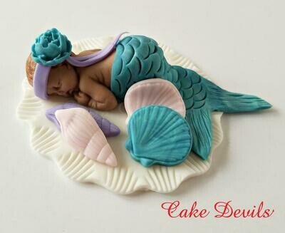 Fondant Mermaid Baby Shower Cake Topper, Baby girl, sleeping baby, Mermaid Baby Cake Decoration, Baptism, Christening, Handmade Edible