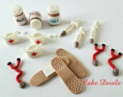 Nurse Fondant Handmade Edible Cupcake Toppers of band aids, syringe, stethoscope, nurse's cap, and pill bottles