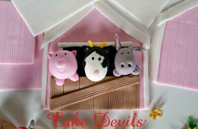 Barn &amp; Farm Animal Fondant Cake Topper Kit withFloral Wreath, fondant Donkey, Cow, Pig, Rooster, Ducks, and 3D Barn Cake Decorations