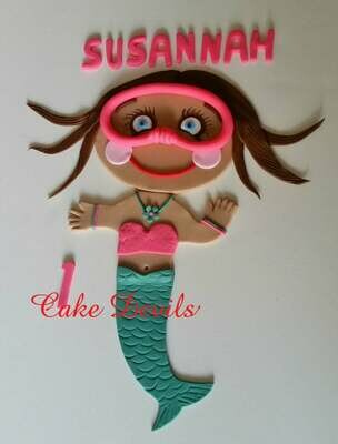 Large flat Mermaid Fondant Cake Topper with optional Scuba Diver Mask Cake Topper, Great for a sheet cake!