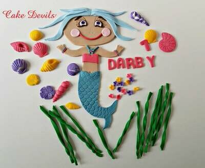 Large flat Mermaid Fondant Cake Topper with optional Scuba Diver Mask Cake Topper, Great for a sheet cake!