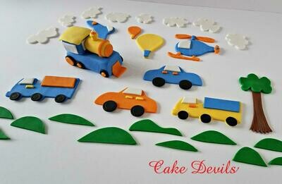 Train and Transportation Party Cake Decorations, Fondant Cake Topper Kit - Train, Helicopter, Plane, Truck, Car, Tree Cake, boy birthday party cake