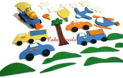 Train and Transportation Party Cake Decorations, Fondant Cake Topper Kit - Train, Helicopter, Plane, Truck, Car, Tree Cake, boy birthday party cake