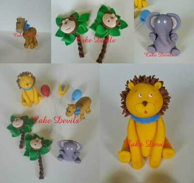 Safari Animal Fondant Cake Topper Kit with Lion, Elephant, Giraffe, and Monkey