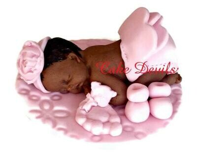 Baby girl fondant sleeping baby shower cake topper with Pink Ruffle, Flower headband for Shower, Baptism, Christening, Handmade