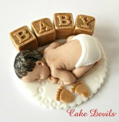 Fondant Baby Shower Sleeping Baby Cake Topper with Blocks