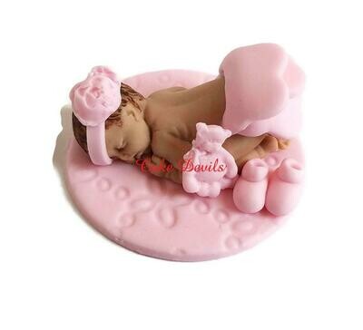 Baby girl fondant sleeping baby shower cake topper with Pink Ruffle, Flower headband for Shower, Baptism, Christening, Handmade