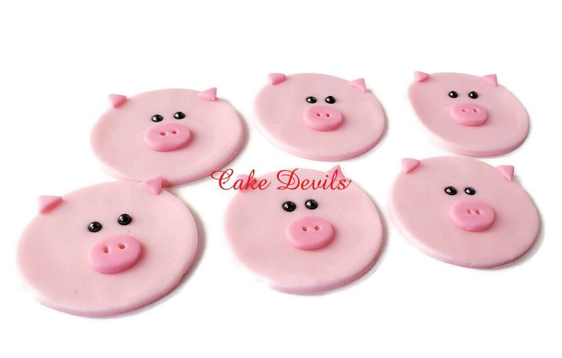 Fondant Pig Cupcake Toppers, Handmade Edible Pig Faces