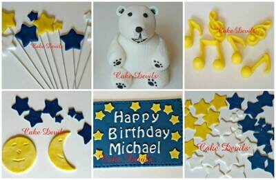 The Night You Were Born Polar Bear Fondant Cake Topper Kit, Stars, Moon, Music Notes Cake Toppers, The Night You Were Born, Handmade Edible
