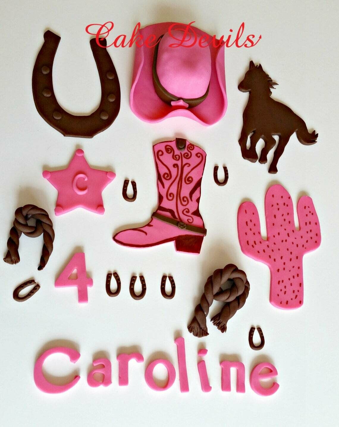 Cowgirl Country Western Cake Topper Kit, handmade edible, fondant cowgirl hat, horseshoe, horse, cowboy boots, and cactus cake decorations