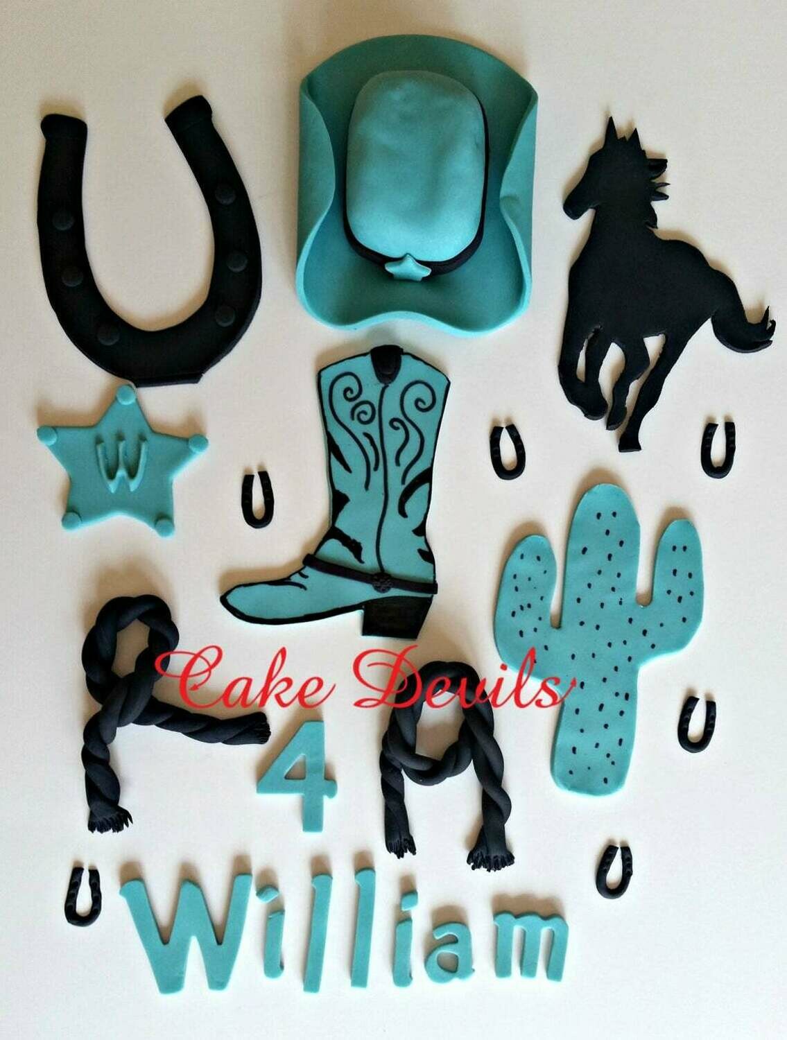 Cowboy Country Western Cake Topper Kit, handmade edible, fondant, cowboy hat, cactus, and horseshoe