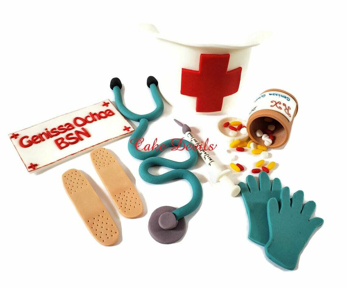 Nurse Cake Toppers, Fondant Stethoscope, Pill Bottle, Hat, and more