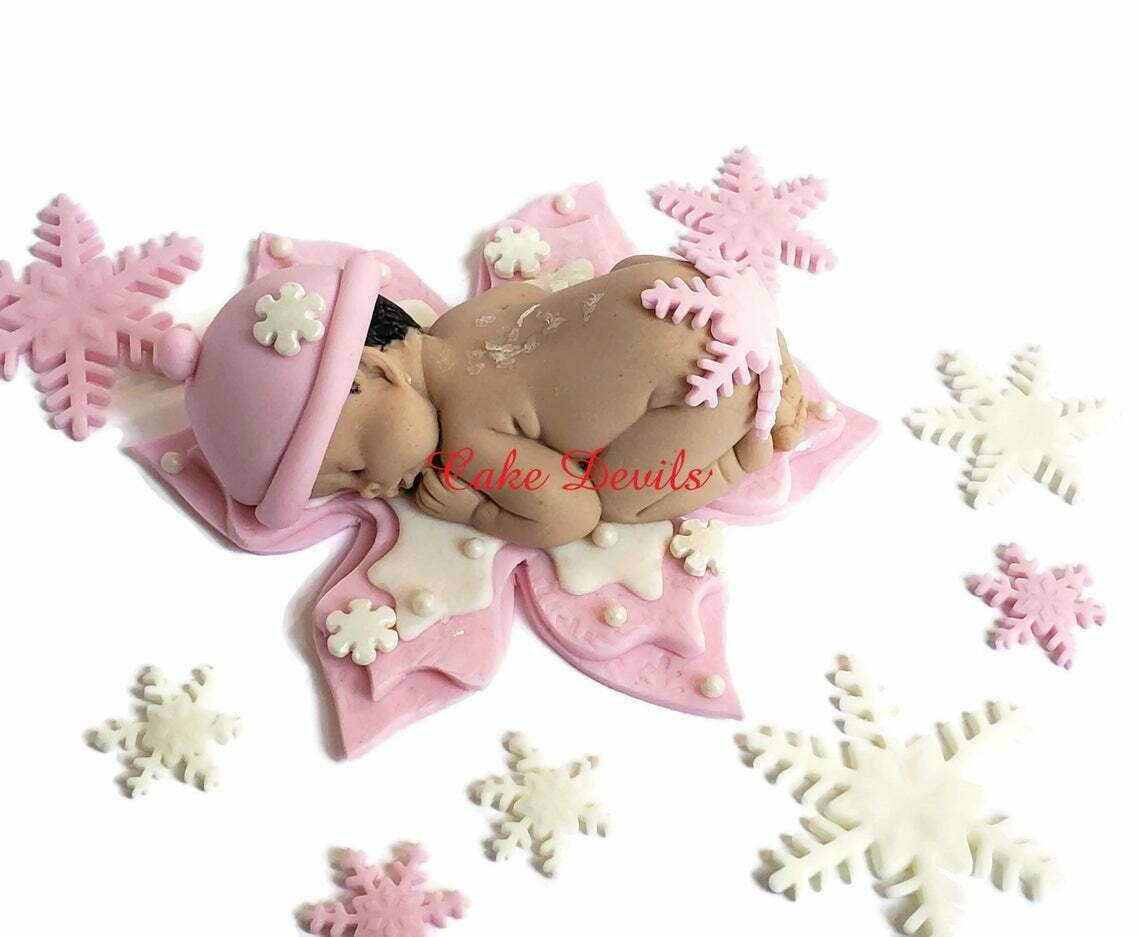 Fondant Snowflake Baby Shower Cake Topper, Blue or Pink Winter Baby
