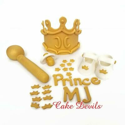 Prince Baby Shower Cake Topper Kit - Fondant Crown, Rattle, Pacifier