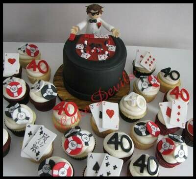 Fondant Casino Cupcake Toppers, playing cards, chips, age