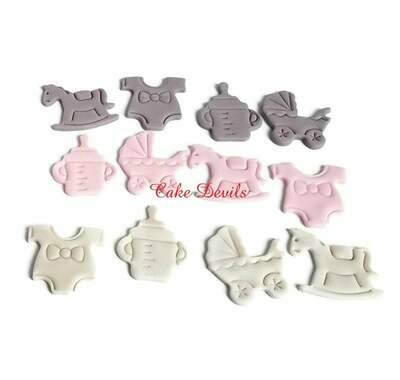 Fondant Baby Shower Cupcake Toppers of bottle, onesie, rocking horse, and stroller