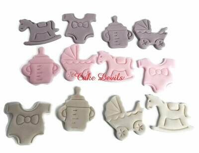 Fondant Baby Shower Cupcake Toppers of bottle, onesie, rocking horse, and stroller