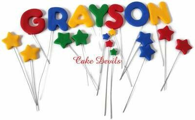 Handmade Edible Fondant Exploding Name with Stars or Hearts Cake Topper, fondant stars, fondant hearts, Star Cake topper, heart cake topper