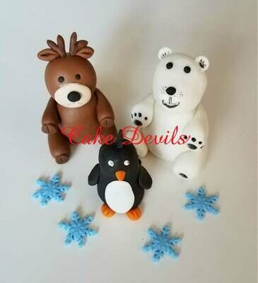 Winter Animals Fondant Cake Topper Kit, Penguin, Polar Bear, Reindeer, fondant snowflakes Cake Decorations