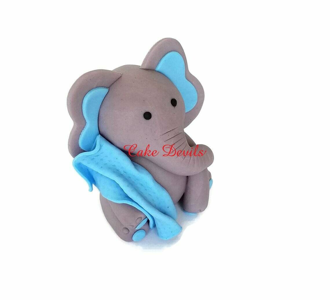 Fondant Elephant Cake Topper with Blanket, Great for Elephant Baby Shower Cake Decorations, Handmade Elephant