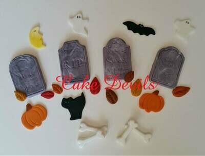 Tombstone Fondant Cake Decorations, Halloween Cake Toppers, Ghost, bones, Pumpkin, Bat, Cat, moon, fall leaves, Fondant cupcake decorations