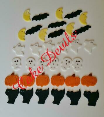 Halloween Fondant Cupcake Toppers, Skull Topper, Fondant Ghost, Pumpkin Topper, Bat cupcake, Cat , Fondant Moon, Halloween Cake Decorations