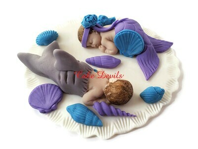 Shark or Mermaid? Fondant Cake Topper perfect for a Gender Reveal or Boy Girl Twins Baby Shower Cake Decorations