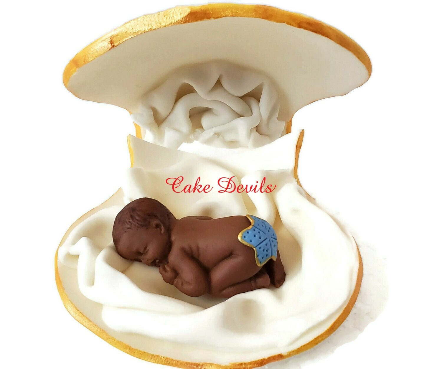 Mermaid or Mate Gender Reveal Cake Topper, Fondant Sleeping Baby in a Clam shell Baby Shower Cake Topper