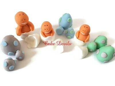 Fondant Hatching Baby Dinosaur Cake Toppers with Dinosaur Eggs and footprints- Great for a baby shower or birthday cake