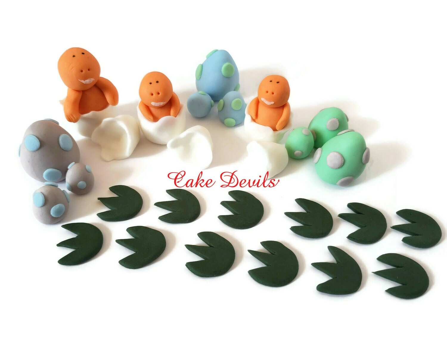 Fondant Hatching Baby Dinosaur Cake Toppers with Dinosaur Eggs and footprints- Great for a baby shower or birthday cake