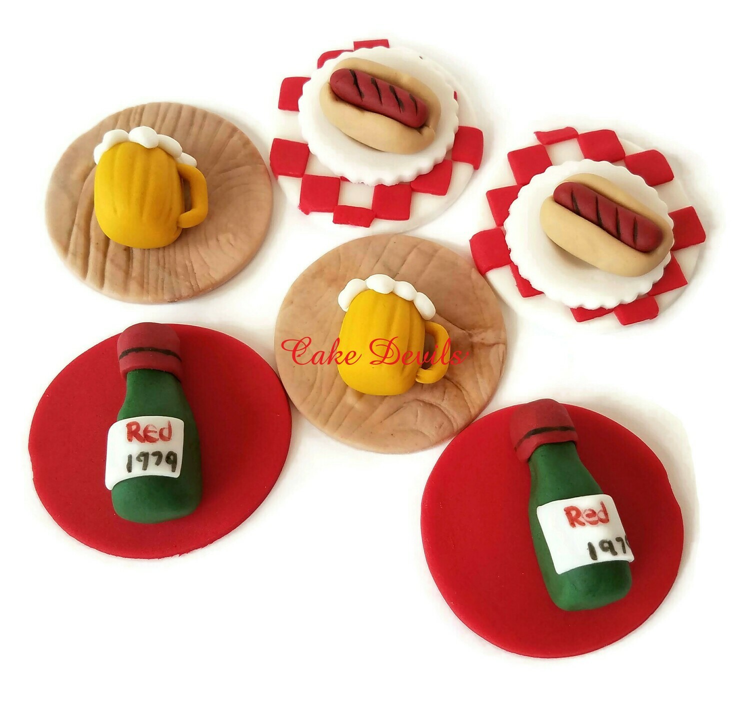 Wine Bottles, Hot Dogs, and Beer Mugs! Fondant Picnic themed Cupcake Toppers