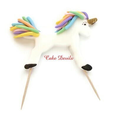 Small Unicorn Cake Topper, Standing Fondant Unicorn with Rainbow Hair