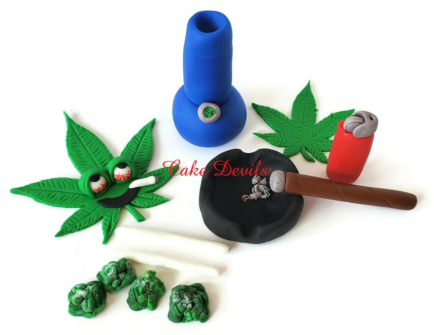 Weed Cake Topper set, Fondant Pot Leaf, Fondant Marijuana Cake Decorations, Cannabis, joints, bong, ash tray