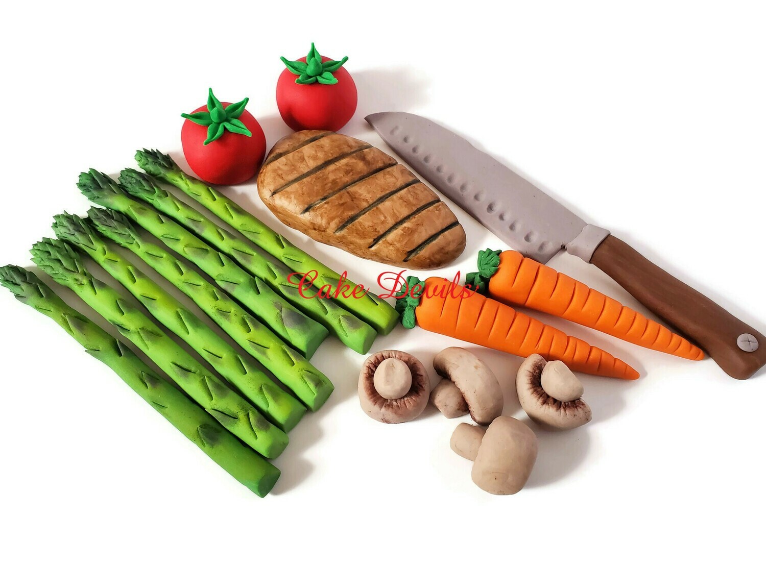 Chef's Cake Food Toppers, Fondant Chef's Knife cake Decorations, Fondant vegetables, chicken, carrots, Asparagus Cake, Tomatoes