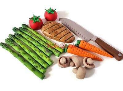 Chef&#39;s Cake Food Toppers, Fondant Chef&#39;s Knife cake Decorations, Fondant vegetables, chicken, carrots, Asparagus Cake, Tomatoes