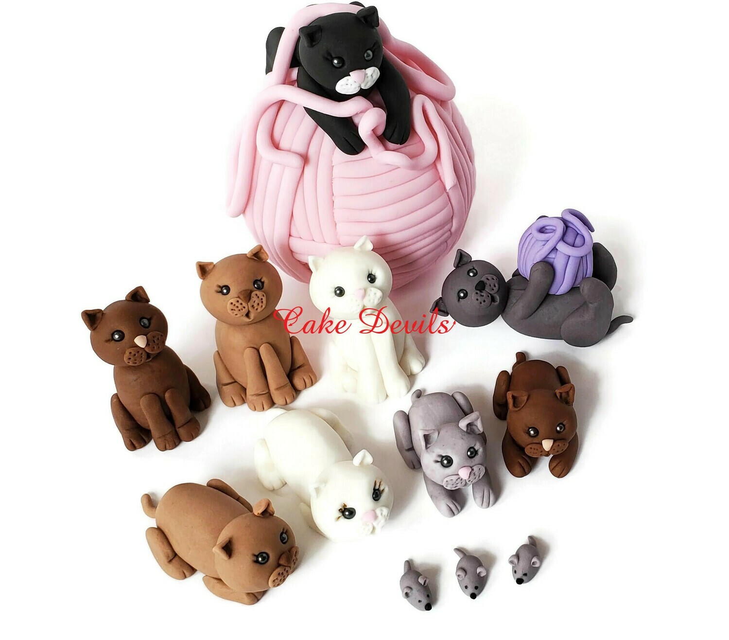 Fondant Cat Cake Toppers, Cats, Yarn, Mice, Handmade Cats with Yarn Balls Cake Decorations great for a birthday or retirement cake!