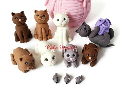Fondant Cat Cake Toppers, Cats, Yarn, Mice, Handmade Cats with Yarn Balls Cake Decorations great for a birthday or retirement cake!