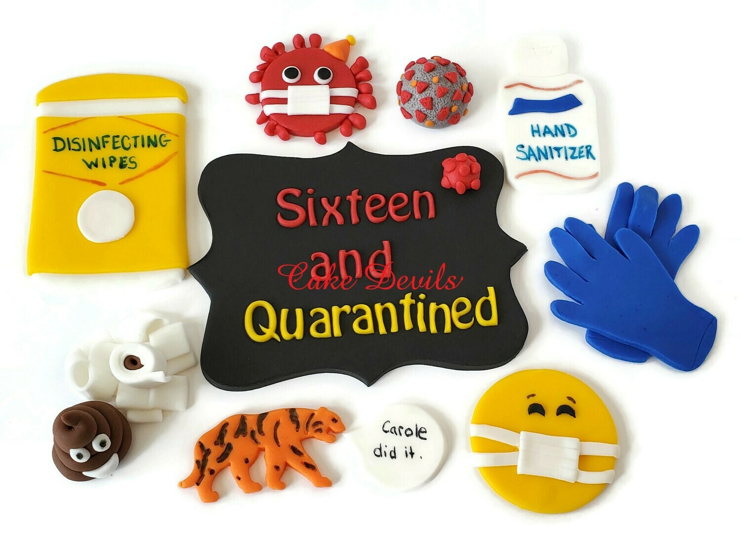 Quarantine Birthday Party Fondant Cake Toppers, virus Cake Decorations, Tiger King, Face Mask cake Toppers, hand sanitizer, Toilet Paper