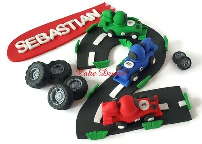 Race Car Cake Toppers, Fondant Race Cars, Race Track, Number Road, Fondant Tires, Banners, Helmet, and Finish Line