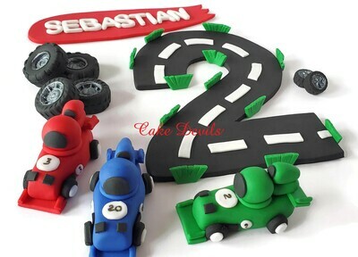 Race Car Cake Toppers, Fondant Race Cars, Race Track, Number Road, Fondant Tires, Banners, Helmet, and Finish Line