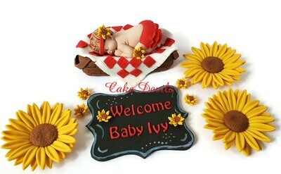 Picnic and Sunflower Baby Shower Cake Toppers and Baby Face Fondant Cupcake Toppers