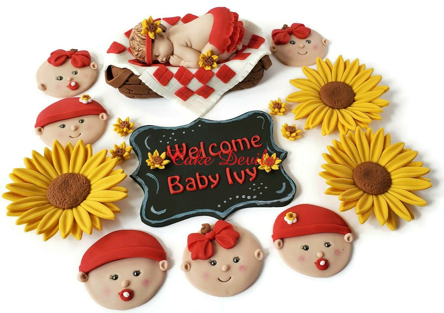 Picnic and Sunflower Baby Shower Cake Toppers and Baby Face Fondant Cupcake Toppers