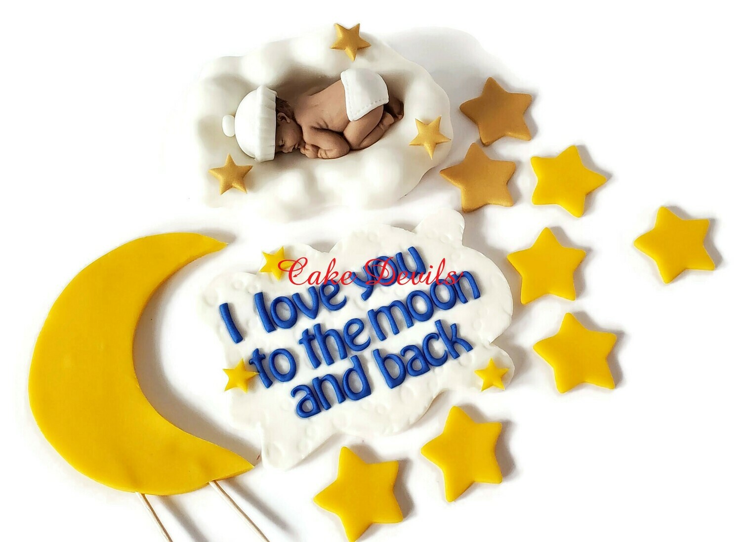 I love you to the Moon and Back Baby Shower Cake Toppers, Fondant Sleeping Baby on Cloud