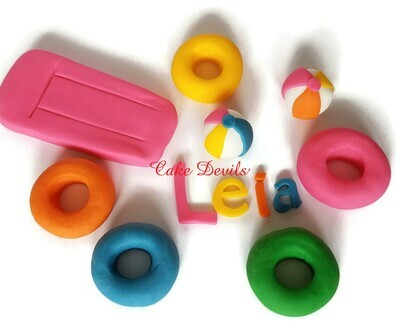 Fondant Pool Party Cake Topper Kit, Handmade Edible pool rafts, Beach balls, and pool tube cake toppers