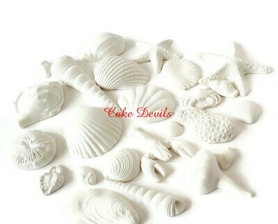 Large White Fondant Shells, Sea Shell Cake Toppers, starfish, coral, lobster, Beach Wedding Cake