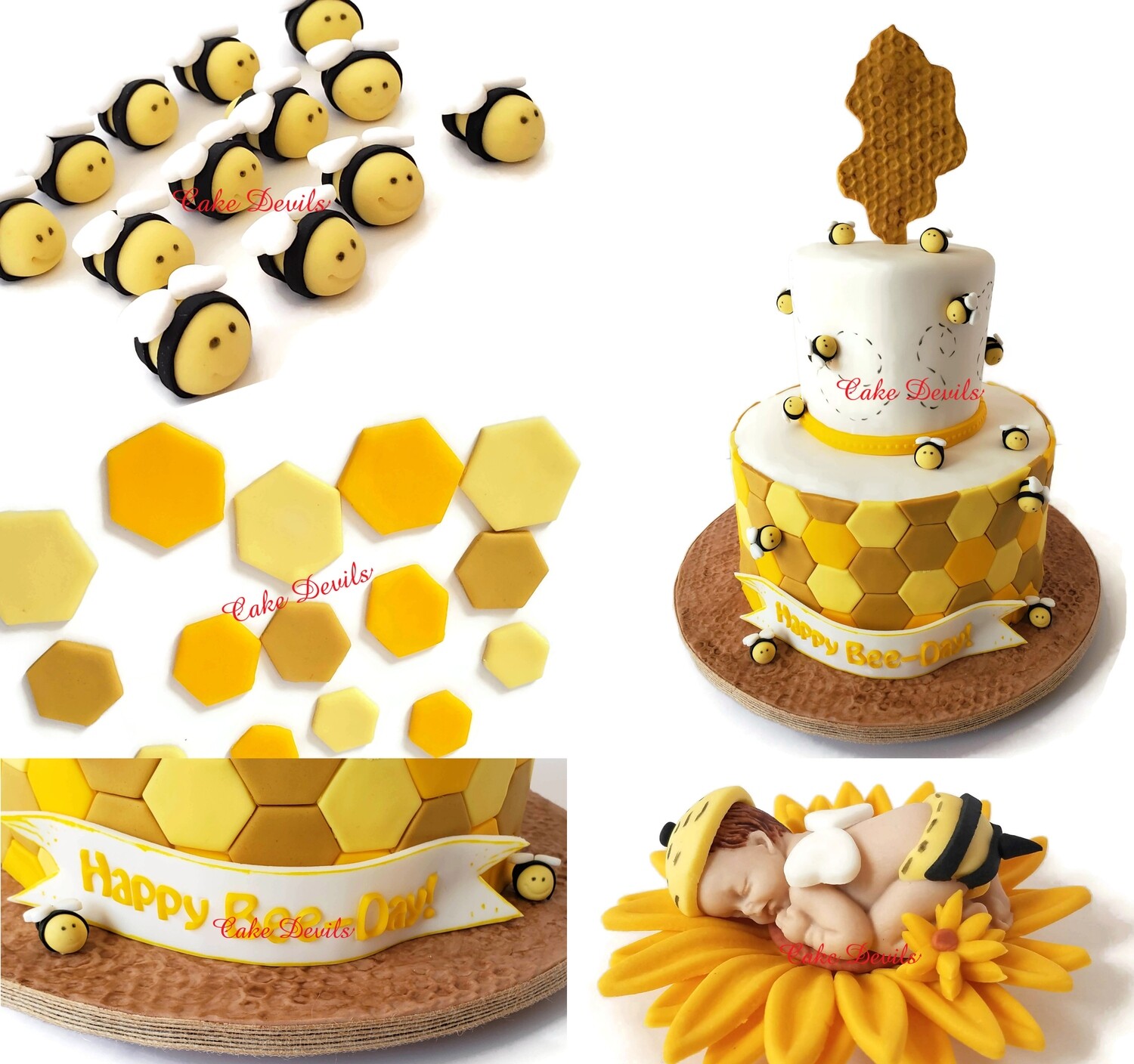 Fondant Bumble Bees and Honeycomb Cake Toppers, Perfect for a What Will it Bee Gender Reveal, a Happy Bee-day Birthday Cake, Mommy to Bee