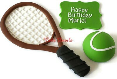 Fondant Tennis Cake Toppers, Tennis Racket, Tennis Ball, and Plaque Cake Decorations for birthday, retirement, and more!