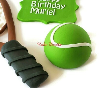 Fondant Tennis Cake Toppers, Tennis Racket, Tennis Ball, and Plaque Cake Decorations for birthday, retirement, and more!