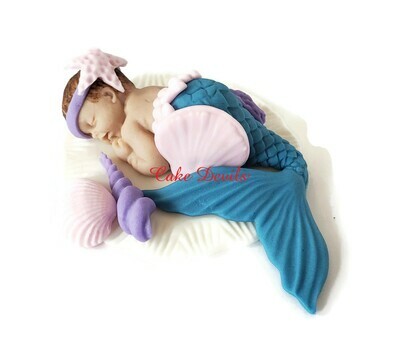 Mermaid Baby Shower Cake Topper, Fondant  Sleeping Baby mermaid with shells Cake Decoration